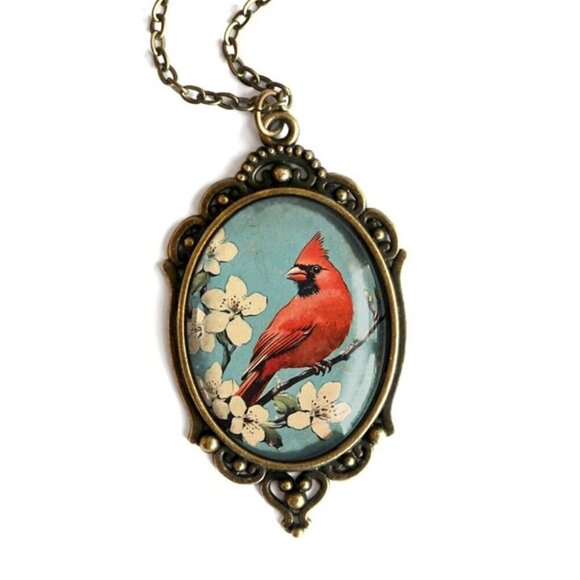 NEW - Retro‎ Cardinal Ornate Pendant Necklace - Oval - Glass Cabochon - Bird - Picture 1 of 4